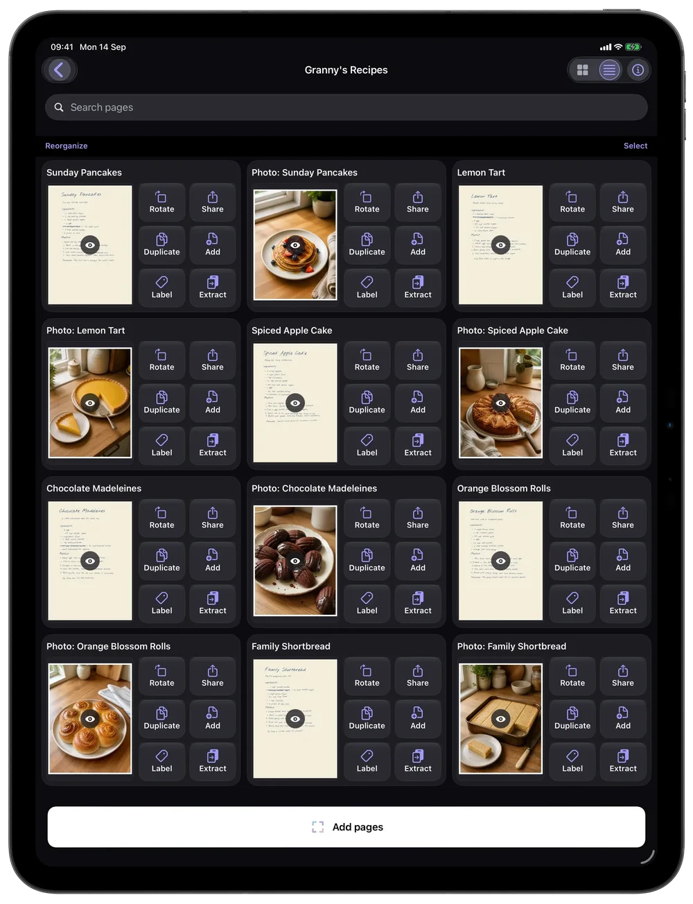 Scantivo tablet screen for a recipe collection, showing scanned recipe and food-photo pages with rotate, share, duplicate, add, label, and extract actions.