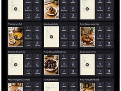 Scantivo tablet screen for a recipe collection, showing scanned recipe and food-photo pages with rotate, share, duplicate, add, label, and extract actions.