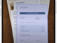 Scantivo iPhone document-scanning camera screen detecting a stack of papers, with six current PDF pages and a Create PDF button.