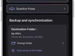 Scantivo Settings screen with Smart Upload, Pulse, destination folder, iCloud synchronization, and backup and restore options.