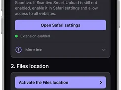 iPhone screen showing Scantivo Smart Upload configuration, Safari permissions, Files location activation, and a 4 MB PDF size limit.