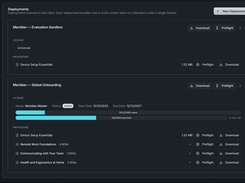 Deployment management screen showing licenses, usage limits, provisioned SCORM content, and download actions.