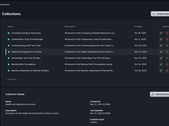 Collections screen listing course collections with creation dates and editable collection details.