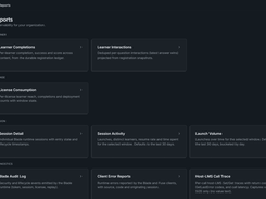 Reports screen with learner, license, session, and diagnostics report options.