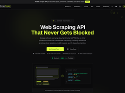 ScrapeBadger homepage showing the headline "Web Scraping API That Never Gets Blocked" with a dark interface, code sample, and key stats including free credits, uptime, and scraper count.