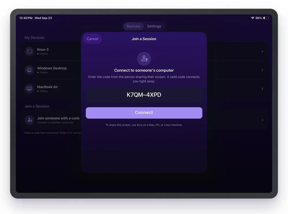 Scry tablet app Join a Session dialog for connecting with a session code.