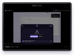 Scry tablet remote session with a file-transfer panel and uploaded PDF.