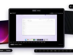 Tablet remote-control view of a Mac desktop with touch, trackpad, and pointer controls.