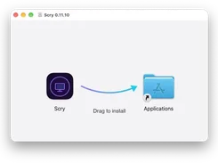 macOS installer window showing the Scry app dragged to Applications.