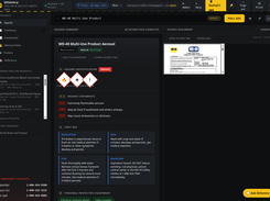 SDS lookup: hazards, GHS pictograms, first aid and PPE pulled from the manufacturer SDS, shown beside the source document