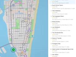 A map of Miami Beach is shown beside a ranked list of local businesses, ratings, review counts, and street addresses.