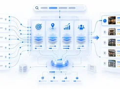 Illustrated business-listing cards flow into a central system with targeting, location, analytics, and audience panels before producing ranked results.