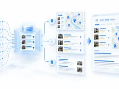 Illustrated business cards feed into a database and branch into map, listing, and document panels before a final local-search results page.