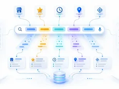 An illustrated search bar connects category icons and result cards to a central database, with map and listing panels at the sides.