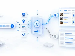 An illustrated search bar feeds a central processing panel that connects to map-based business listings and text result panels.