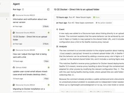 SeaTicket support interface showing an Agent run log, Discourse forum items, and an AI analysis panel for a selected topic.
