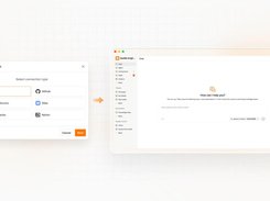 Annotated product UI composition showing a New connection dialog with email, GitHub, Discourse, Sites, Seafile libraries, and Notion options leading to the SeaTicket chat screen.