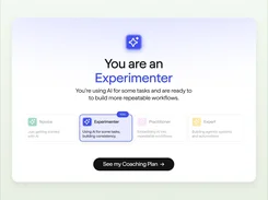 AI proficiency assessment result labeling the user an Experimenter, with coaching-plan button.