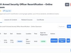 Secureburg Academy course builder for a Texas DPS Level III recertification course