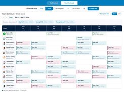 Weekly team schedule with color-coded shifts, shift templates, and open shifts flagged for coverage