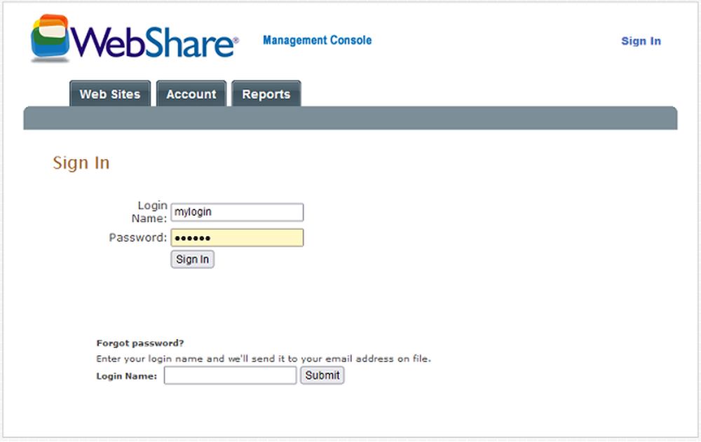 WebShare Management Console sign-in page with Web Sites, Account, and Reports navigation tabs, login fields, and password-recovery form.