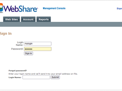 WebShare Management Console sign-in page with Web Sites, Account, and Reports navigation tabs, login fields, and password-recovery form.