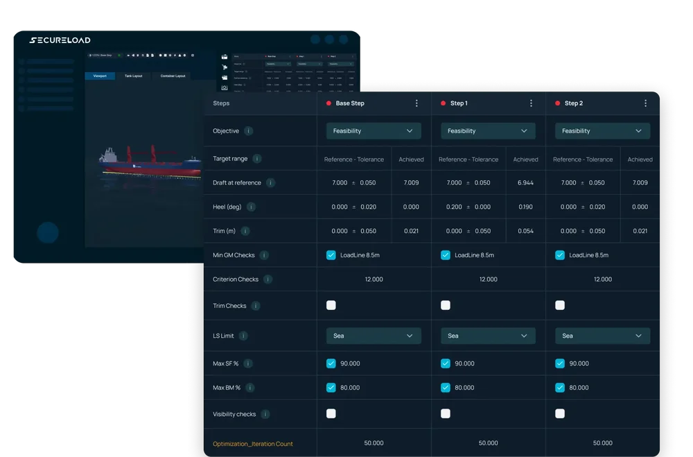 SecureLoad interface showing a vessel viewport behind a table of Base Step, Step 1, and Step 2 feasibility and loading-check values.