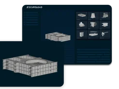 SecureLoad interface with a wireframe industrial cargo item in a central workspace and a catalog of equipment models at right.