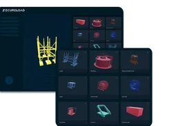 SecureLoad interface displays a yellow 3D scaffold-like cargo model and tiles for cargo items including a jacket, buoy, carrier, pallet, reels, frame, and container.