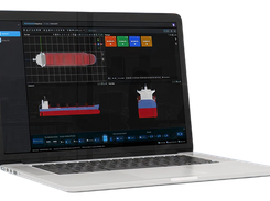 A laptop mockup displays a dark SecureLoad interface with multiple views of a red-and-blue cargo vessel and control panels.