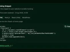 Dark-mode Tracking Snippet page with HTML, Next.js, React, and WordPress tabs, an install code block, and a Copy button.