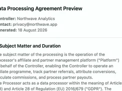 Light-mode Data Processing Agreement Preview displaying controller details, contact email, generation date, and the Subject Matter and Duration section.