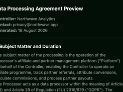 Dark-mode Data Processing Agreement Preview displaying controller details, contact email, generation date, and the Subject Matter and Duration section.