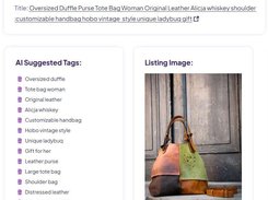 Seller Marketing Tool listing-analysis screen with an Etsy listing URL field, AI-suggested tags, a handbag listing image, and Copy Tags and Apply to Listing buttons.