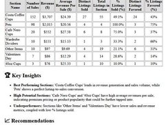 Report page titled Etsy Shop Section Performance Analysis with a table of shop sections, sales and revenue metrics, key insights, and recommendations.