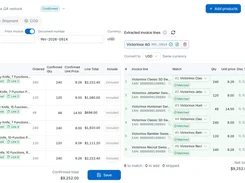 SellerUtility purchase-order screen with a Victorinox supplier invoice, product line items, matched extracted invoice lines, quantities, unit prices, and totals.