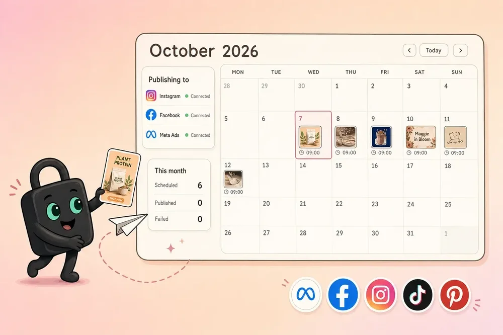 A social-media publishing calendar for October 2026 shows scheduled post thumbnails, connection status for Instagram, Facebook, and Meta Ads, and platform icons for Meta, Facebook, Instagram, TikTok, and Pinterest.