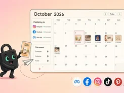 A social-media publishing calendar for October 2026 shows scheduled post thumbnails, connection status for Instagram, Facebook, and Meta Ads, and platform icons for Meta, Facebook, Instagram, TikTok, and Pinterest.