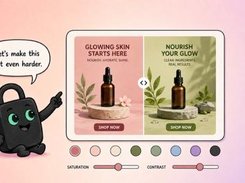 An image-creation editor displays two skincare ad variations side by side, with controls for saturation and contrast and a padlock mascot beside the editor.