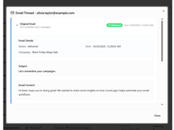 Complete email thread view showing original email, follow-ups, replies, and engagement status.