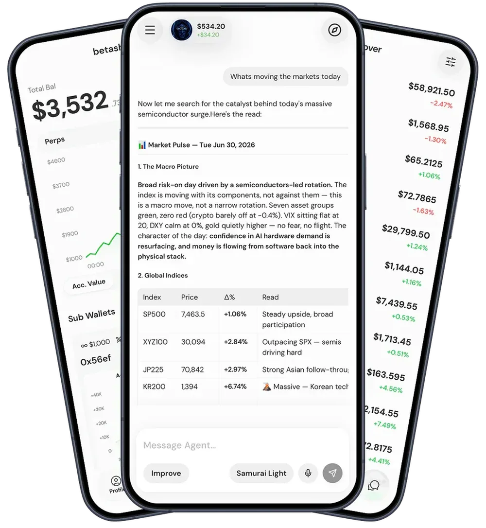 Senpi AI mobile app showing an AI market-pulse report, portfolio balance, chart, and asset prices.