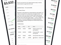 Senpi AI mobile app showing an AI market-pulse report, portfolio balance, chart, and asset prices.