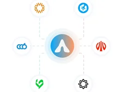 A central gradient circular logo is connected by dashed lines to six surrounding integration-style logos.