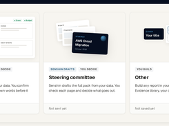 Senshin interface showing three report options: a weekly report, a steering committee pack, and a custom report, with preview cards for project content and an evidence library.