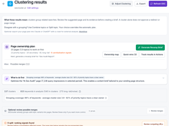 SEOcluster.ai Clustering results page showing a page ownership plan, keyword cluster counts, grouping coverage, possible merges, and split-ranking signals.