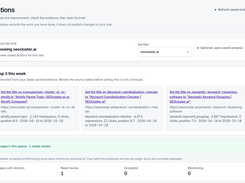 SEOcluster.ai Actions page with a selected site, three recommended page-title actions, associated URLs, impressions, clicks, positions, and queue summary.