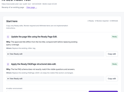 SEOcluster.ai Improvement Brief for an AI SEO Audit Tool, showing ready page-title and FAQPage structured-data edits with copy controls.