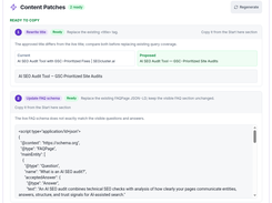 SEOcluster.ai Content Patches view showing a proposed page-title rewrite and a scrollable FAQPage JSON-LD structured-data update.