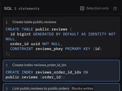 SQL change review panel with statements to create a reviews table, index, and table relationship.