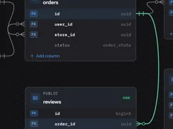 Database schema view showing orders and reviews tables connected by a highlighted relationship.